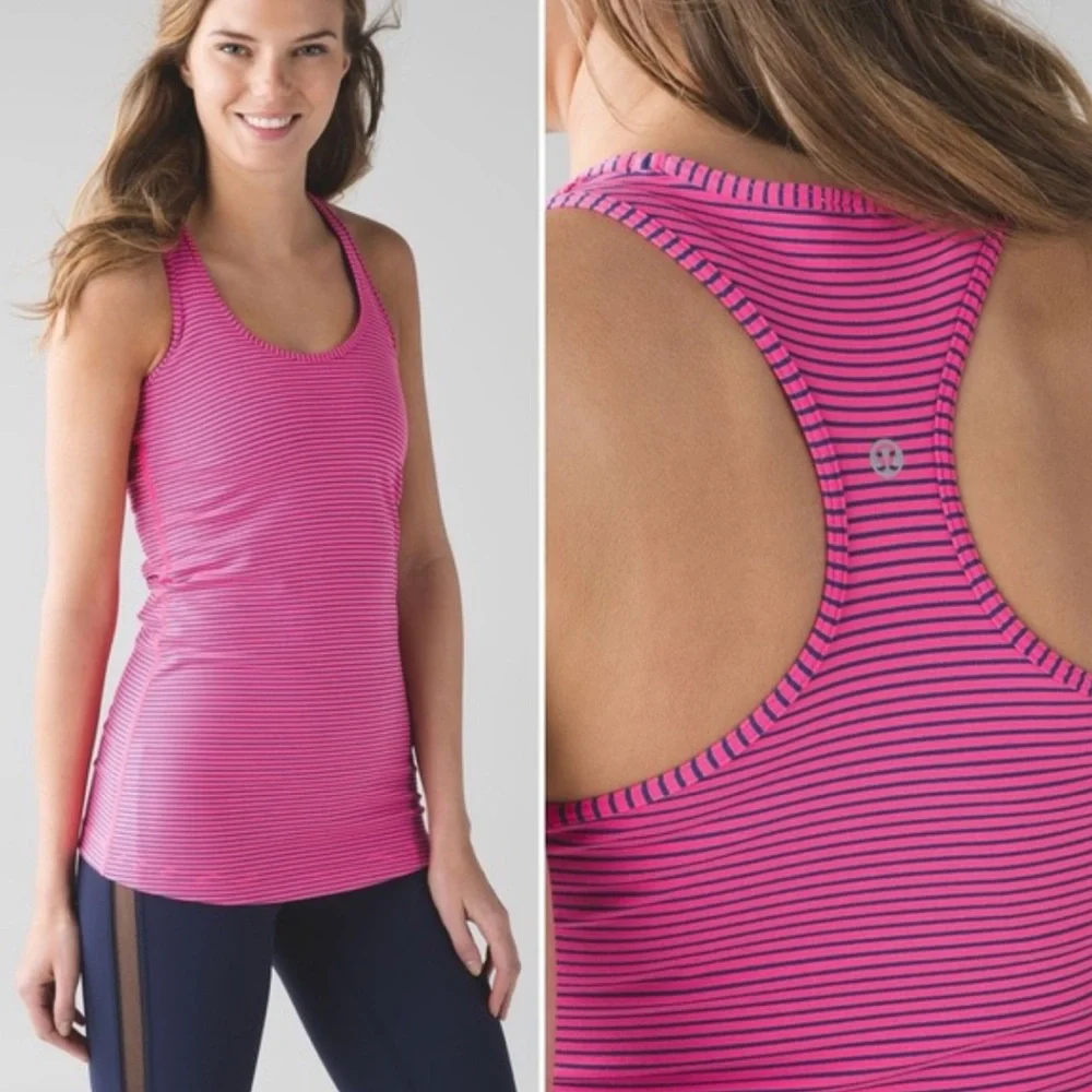 sold Lululemon Cool Racerback Hyper Stripe Neon Pink Rugged Blue Yoga Tank top - Picture 1 of 6
